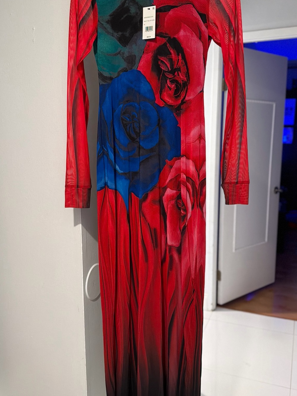 AFRM Red Long Sleeve Maxi Dress with Blue Floral Accents